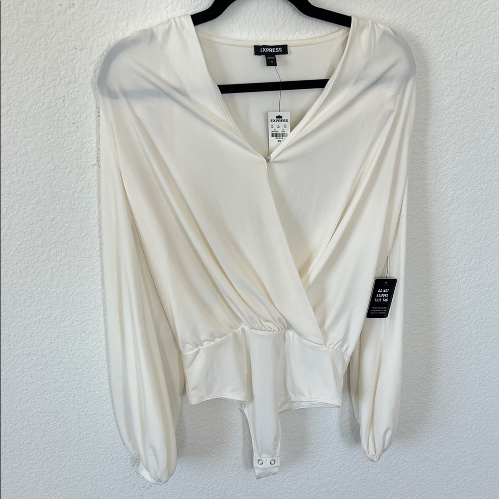 Express Cream Surplice Long-Sleeve Bodysuit